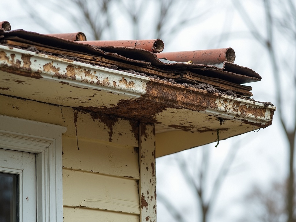 Damaged soffit panels showing water damage, rot, and deterioration requiring professional repair