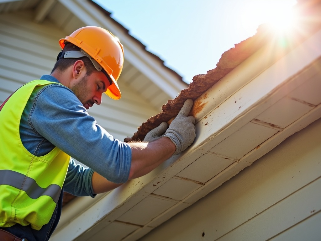 Professional fascia board repair on a Georgia home with gutters being re-secured