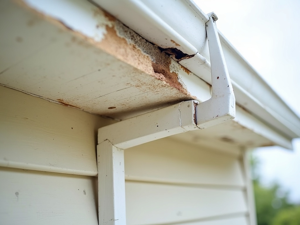 Professional contractor repairing deteriorated soffit panels on a Georgia residential home