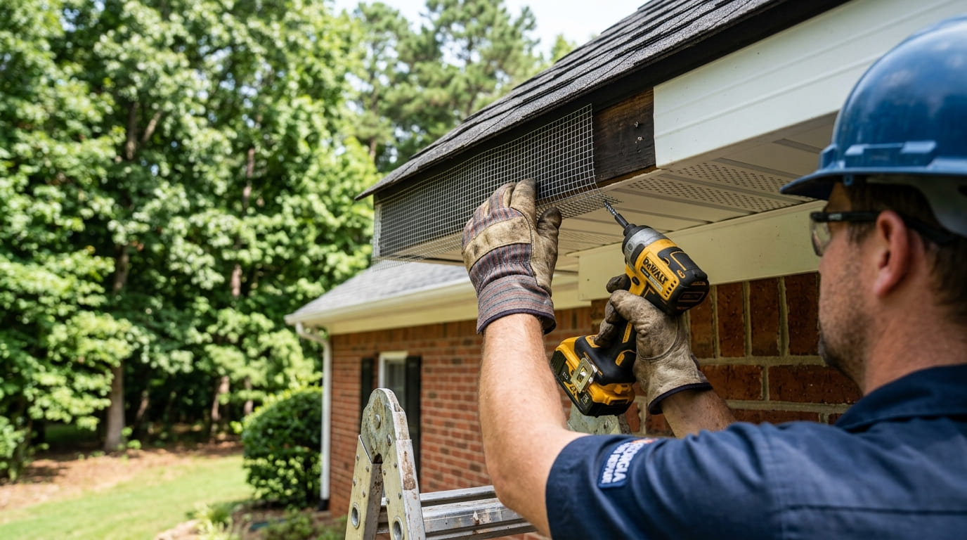 Wildlife exclusion work on Georgia home — sealing soffit and fascia entry points